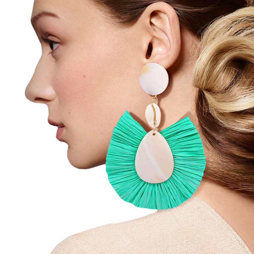 Mint Puka Shell Mother of Pearl Teardrop Raffia Trimmed Earrings, adorn yourself with these teardrop raffia trimmed earrings! puka shell mother-of-pearl teardrop earrings go perfectly with a t-shirt, summer dress or work clothes, beach party, and many more. 