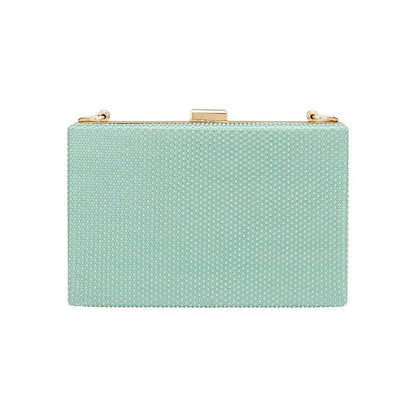 Mint Shimmery Rectangle Evening Clutch Crossbody Bag, This shimmery evening clutch crossbody bag is featuring a bright, sparkly finish giving. This is the perfect evening for any fancy or formal occasion when you want to accessorize your dress, or evening attire during a wedding, bridesmaid bag, formal, or on date night.