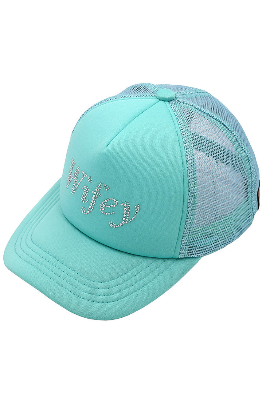Mint C.C WIFEY Rhinestones Trucker Cap is a must-have for any stylish woman. With a dazzling display of rhinestones and a comfortable trucker design, you'll be turning heads wherever you go. Add a touch of glam to your daily look and show off your wifey status in style.