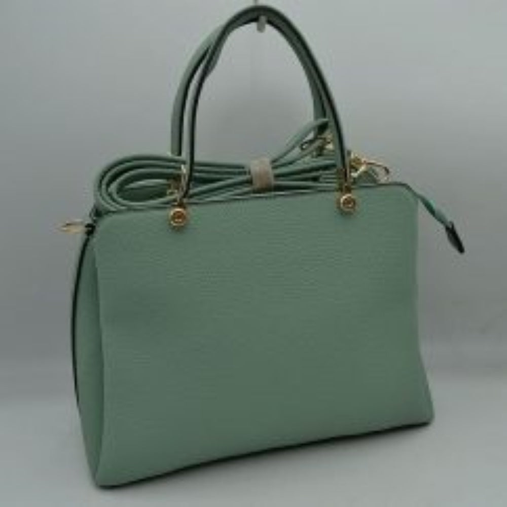 Mint This structured handbag is designed for everyday use, featuring dual arched top handles attached with round metallic hardware. The design includes multiple storage compartments to organize your belongings, featuring a central zippered closure alongside separate side compartments.