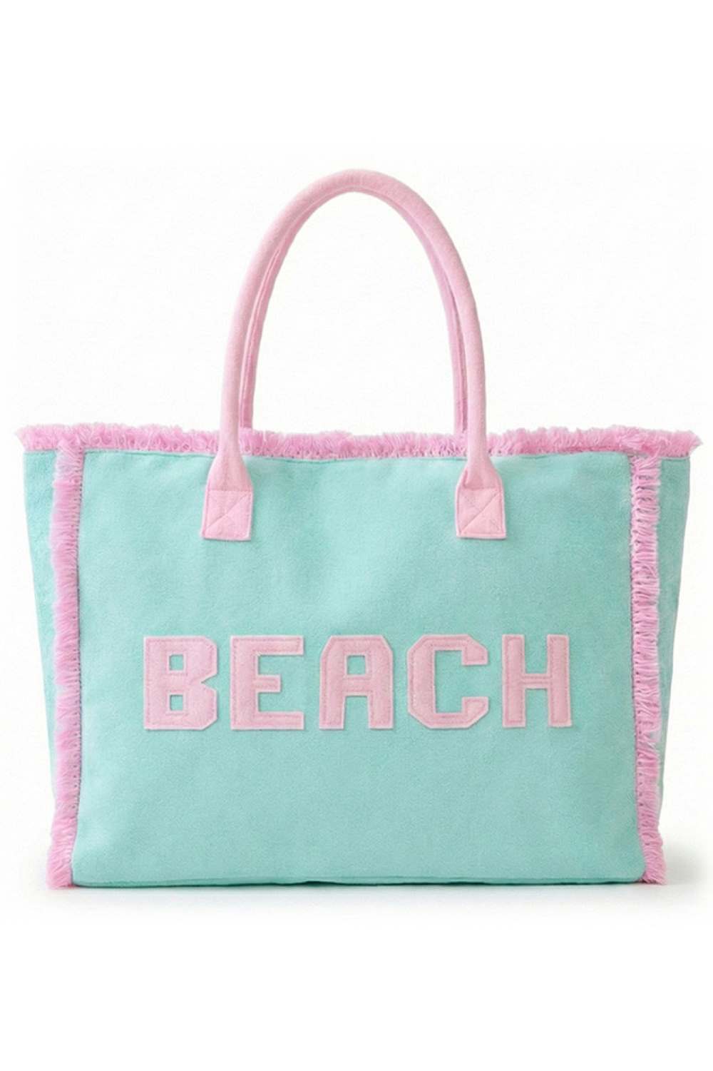 Mint Carry your beach essentials in style with this spacious summer tote bag. Featuring a bold "BEACH" letter design with trendy frayed edge trim, it's the perfect companion for days by the water. Made from durable 100% polyester, this bag measures 17.5" x 13.5" x 5" and offers plenty of room for towels, sunscreen, and more. The secure zipper closure keeps your belongings safe, while the convenient inner pocket provides extra organization. Whether you're heading to the shore or running errands around town, 
