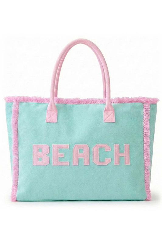 Mint Carry your beach essentials in style with this spacious summer tote bag. Featuring a bold "BEACH" letter design with trendy frayed edge trim, it's the perfect companion for days by the water. Made from durable 100% polyester, this bag measures 17.5" x 13.5" x 5" and offers plenty of room for towels, sunscreen, and more. The secure zipper closure keeps your belongings safe, while the convenient inner pocket provides extra organization. Whether you're heading to the shore or running errands around town, 