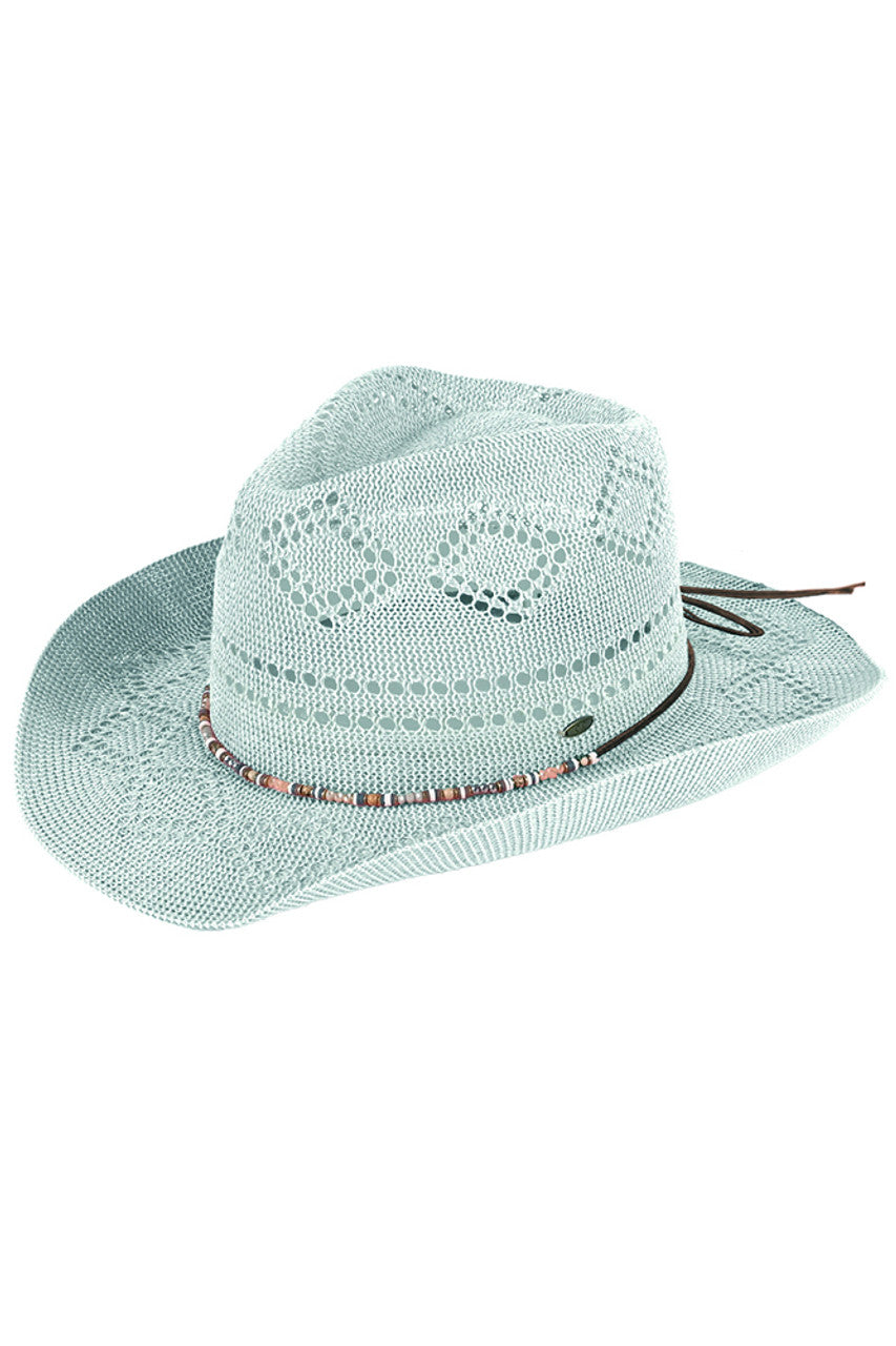 Mint C.C Beaded Charm Trim Woven Cowboy Hat is the perfect accessory for any western inspired look. With intricate beaded charm trim, this hat adds a touch of elegance to its woven design. Made from durable materials, it provides both style and functionality. Upgrade your outfit with this stylish cowboy hat.