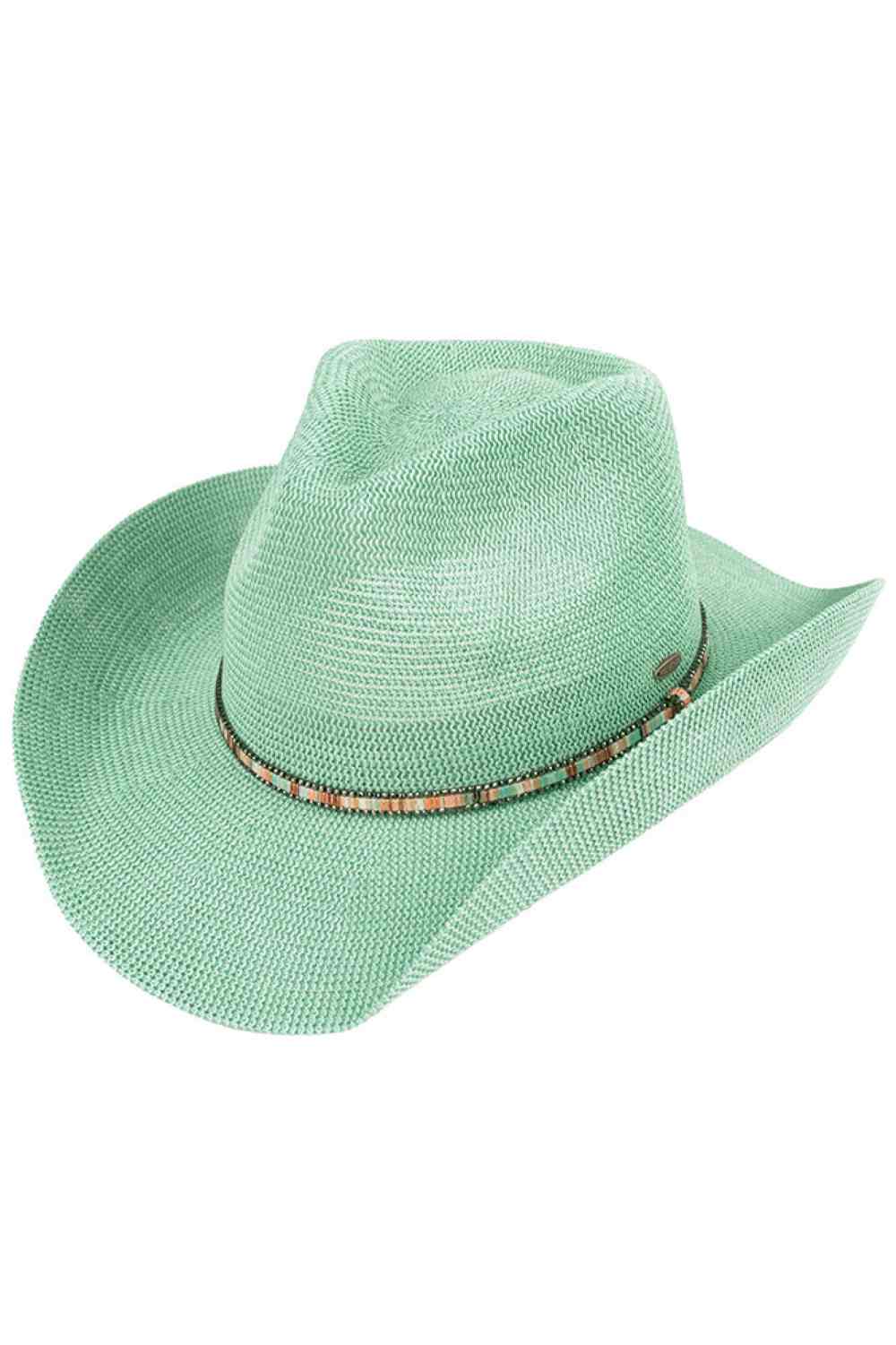 Mint Elevate your western style with this C.C Multi Colored Trim Band Knitted Cowboy Hat. Crafted from a breathable blend of 60% paper and 40% polyester, this one-size hat offers comfort and durability. The vibrant multi-colored trim band adds a pop of personality to any outfit. With a 3.25" brim and 4.5" crown height, it provides excellent sun protection while maintaining that classic cowboy silhouette. Perfect for ranch days, country festivals, or casual everyday wear. Circumference: 22.6".