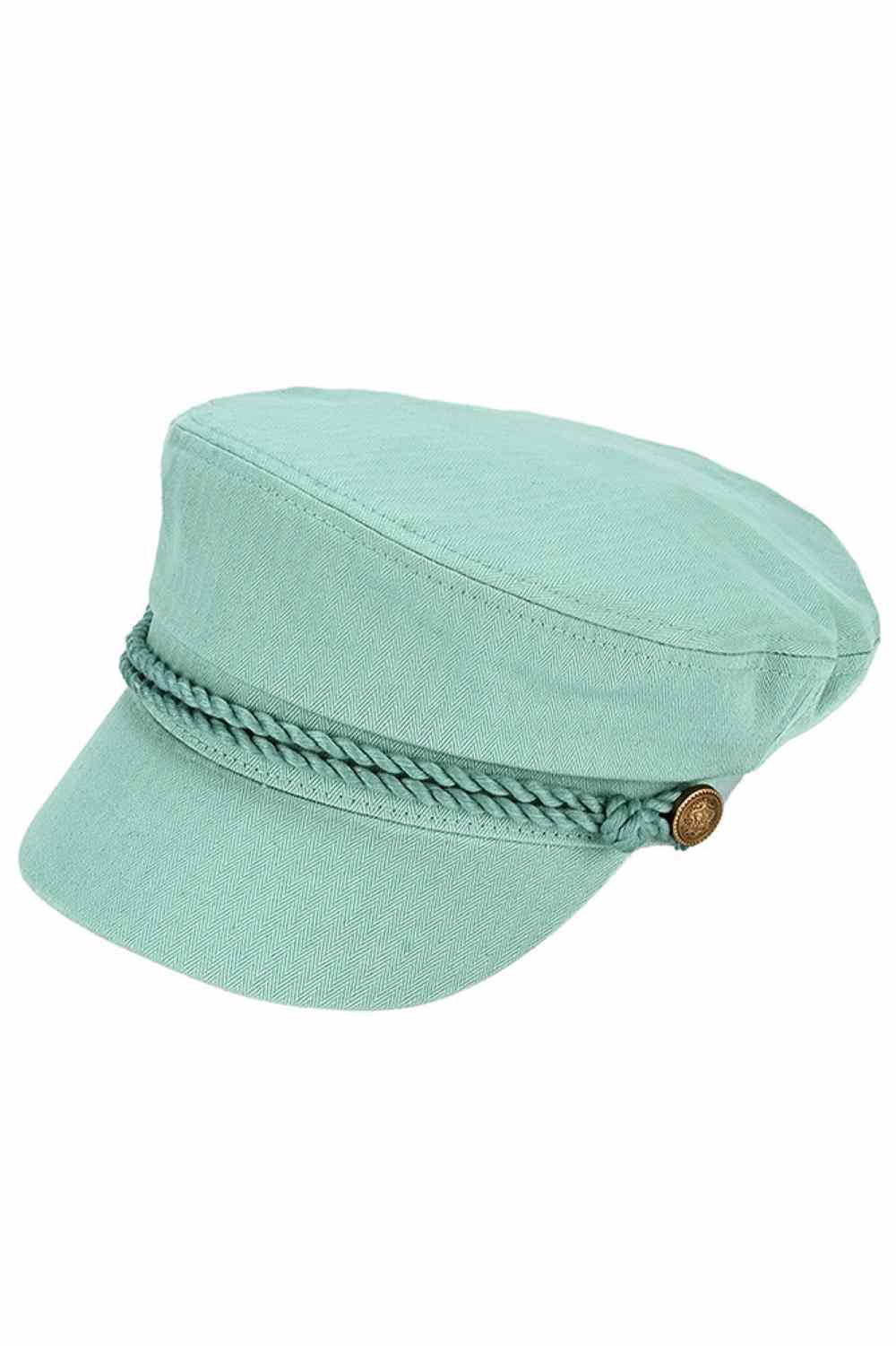 Mint Classic cotton fishing cap with timeless appeal. Crafted from 100% cotton for breathability and comfort, this solid-color cap features decorative rope detailing with button accents for a refined look. The structured design includes a 2" brim for sun protection, fitting most head sizes at 22.5–23" circumference. Perfect for outdoor adventures, casual wear, or everyday style.