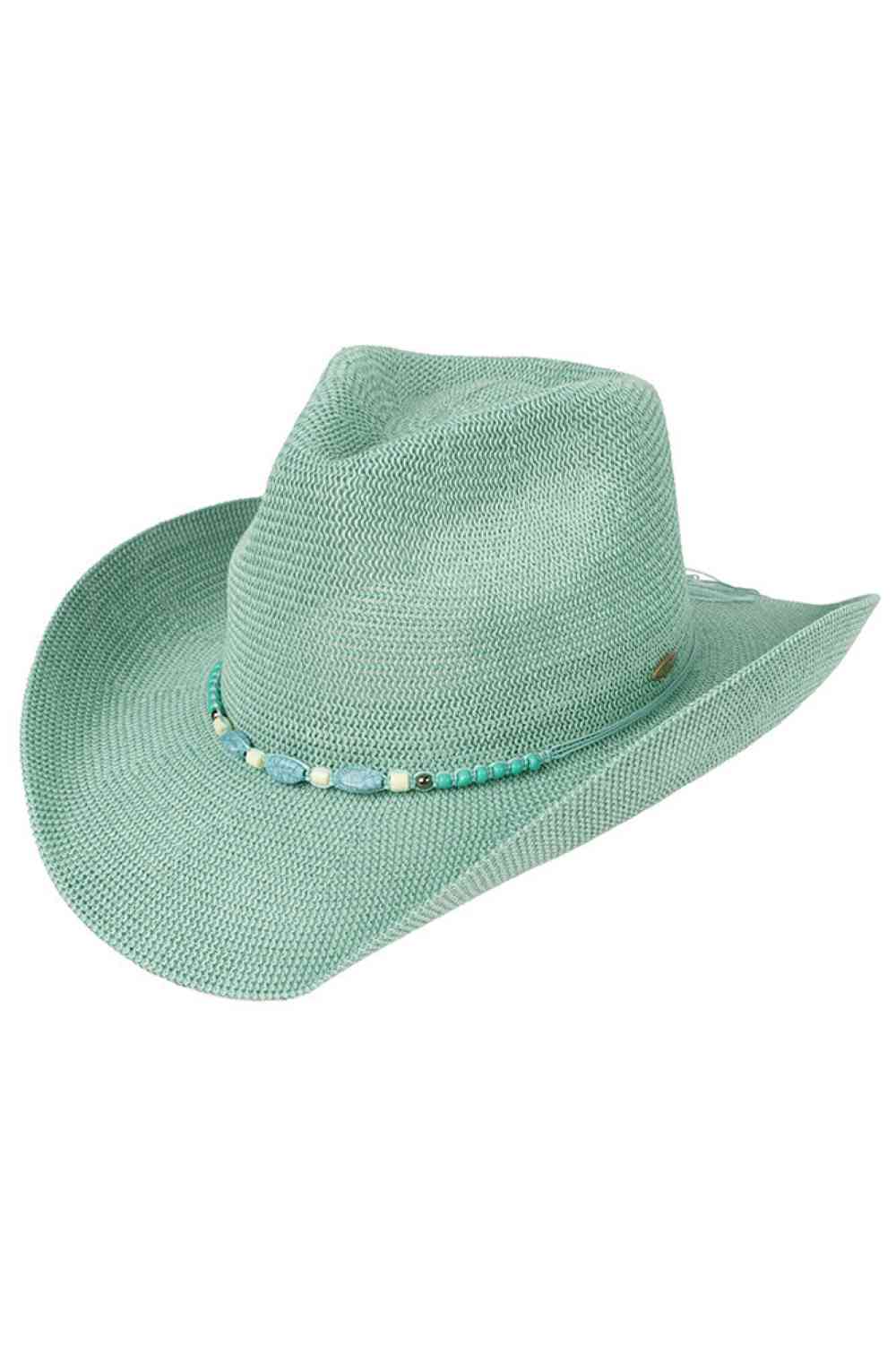 Mint Elevate your western style with this striking C.C Cowboy Hat, featuring a beautiful turquoise stone accent and decorative beaded string band. Crafted from a breathable blend of 60% paper and 40% polyester, this one-size hat offers comfort and durability for all-day wear. The knitted construction provides a soft, flexible fit with a generous 22.6" circumference. The 3.5" brim shields from the sun while the 4.5" crown delivers that classic cowboy silhouette. Perfect for festivals, ranch days, or adding 