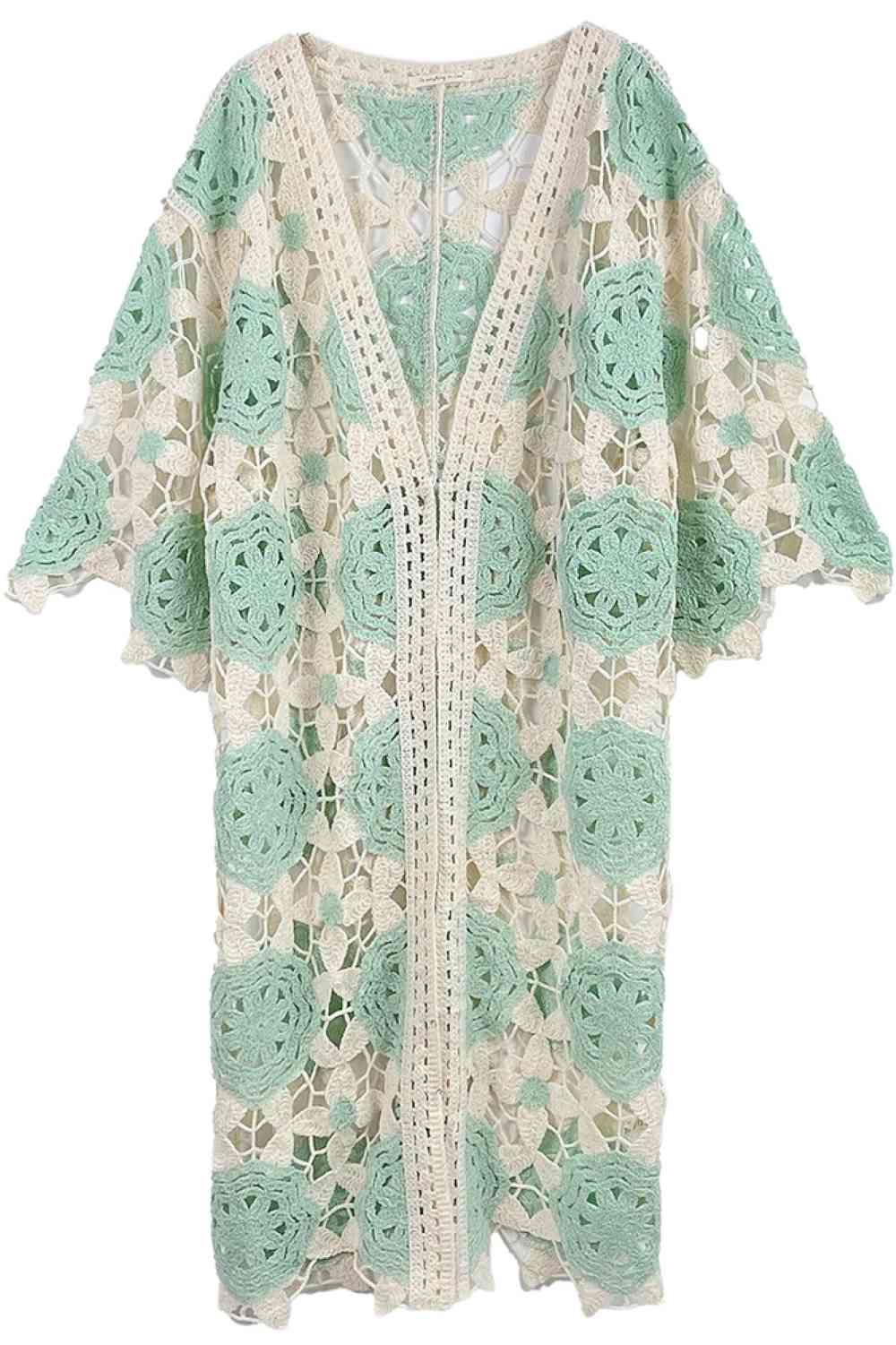 Mint Elevate your wardrobe with this charming Flower Two Tone Crochet Cardigan. Crafted from soft, durable 100% acrylic, this piece features an intricate floral crochet design in complementary tones that adds texture and visual interest to any outfit. Perfect for layering over your favorite tops, this cardigan offers a relaxed, bohemian aesthetic. The generous dimensions (41.3" x 21.3") provide comfortable coverage and ease of movement.
