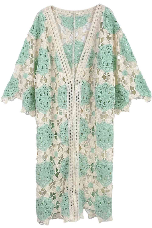 Mint Elevate your wardrobe with this charming Flower Two Tone Crochet Cardigan. Crafted from soft, durable 100% acrylic, this piece features an intricate floral crochet design in complementary tones that adds texture and visual interest to any outfit. Perfect for layering over your favorite tops, this cardigan offers a relaxed, bohemian aesthetic. The generous dimensions (41.3" x 21.3") provide comfortable coverage and ease of movement.