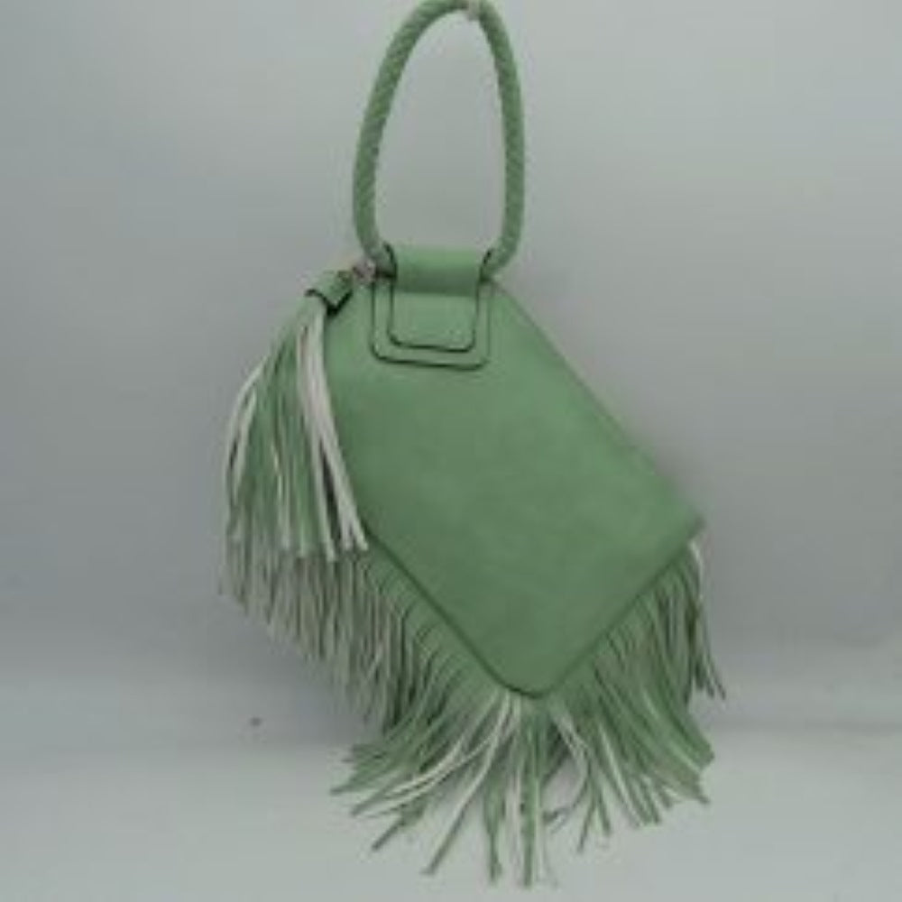 Mint This everyday clutch bag features a smooth, structured body prominently styled with long cascading fringe accents along the lower trim and side panel. Designed for convenient hand carrying, it is equipped with a distinctively braided, circular top handle anchored securely to a reinforced upper flap. The main storage compartment features a secure top zipper closure with metallic teeth