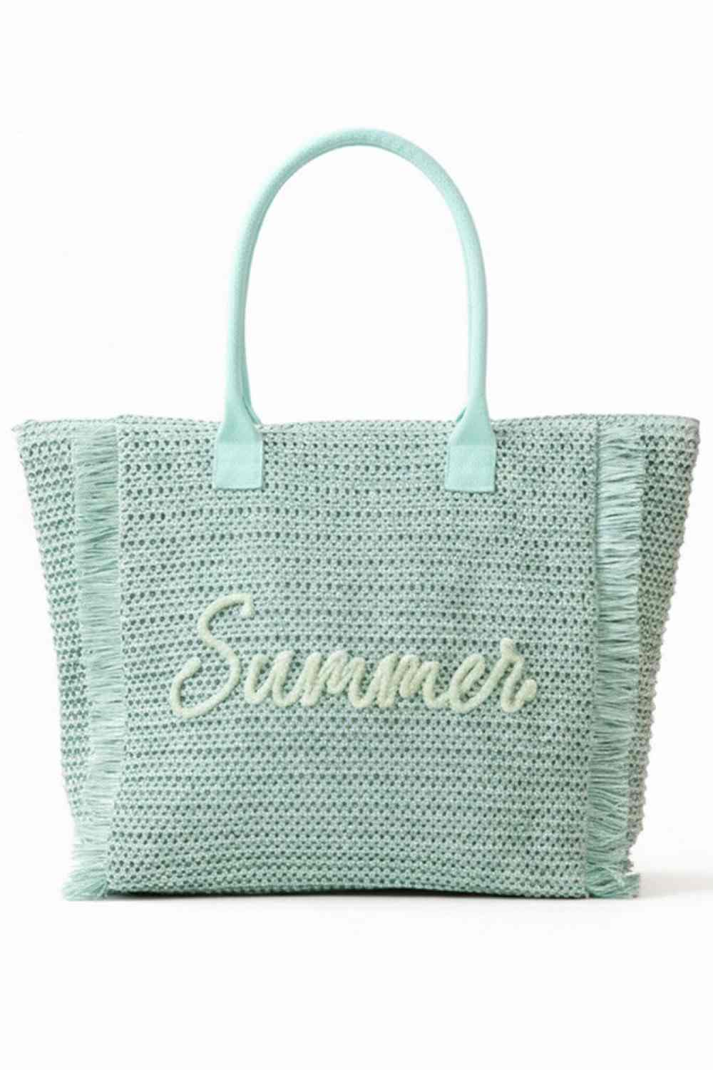 Mint Carry summer in style with this charming woven straw tote. Featuring playful "SUMMER" lettering accented with shimmering gold lurex thread, it's finished with a trendy fringe trim for extra flair. The spacious 13.5" x 14" x 5" design holds all your essentials, while the secure zipper closure and inner pocket keep everything organized. Crafted from 100% paper straw, it's lightweight and perfect for beach days, farmers markets, or casual outings. A versatile accessory that blends function with fun.