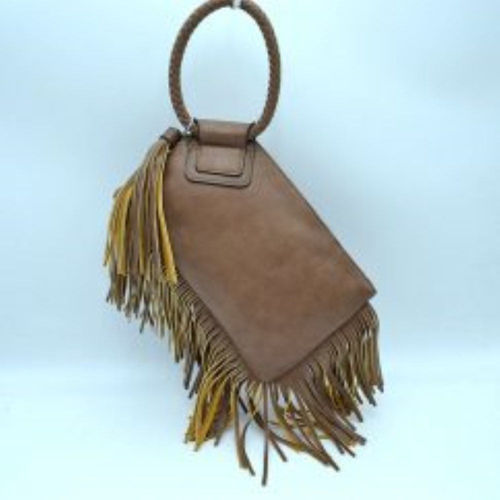 Mocha This everyday clutch bag features a smooth, structured body prominently styled with long cascading fringe accents along the lower trim and side panel. Designed for convenient hand carrying, it is equipped with a distinctively braided, circular top handle anchored securely to a reinforced upper flap. The main storage compartment features a secure top zipper closure with metallic teeth