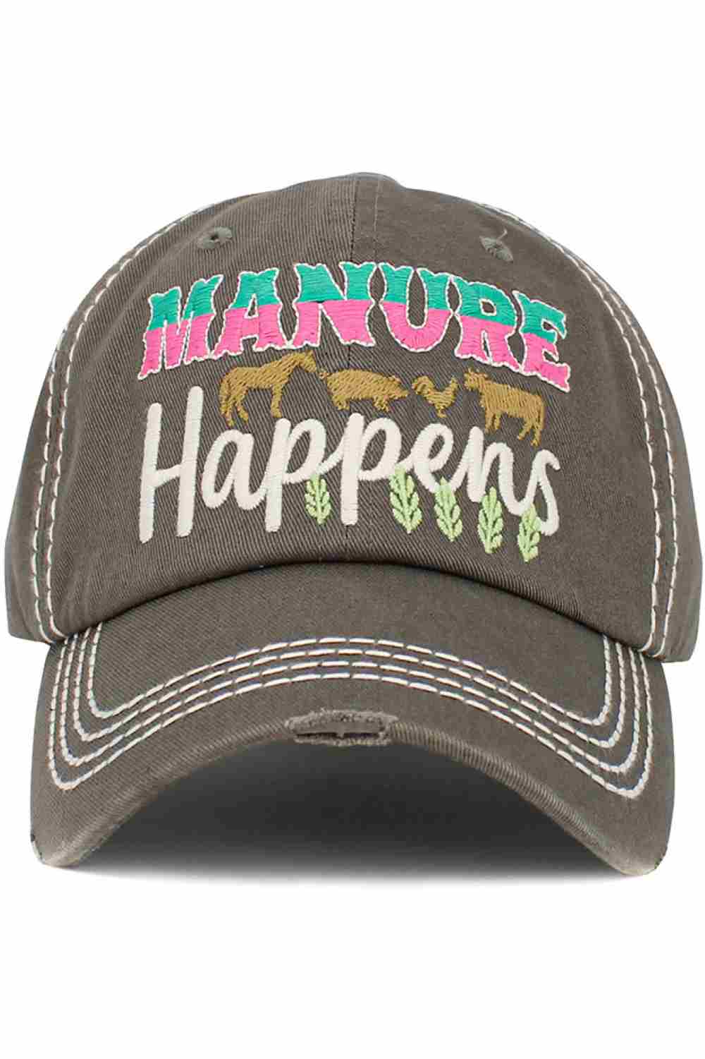 Moss The MANURE HAPPENS vintage baseball cap features a humorous slogan paired with a washed, distressed look for laid-back, rustic style. Designed for comfort with an adjustable fit, it’s perfect for farm life, outdoor work, or casual everyday wear.
