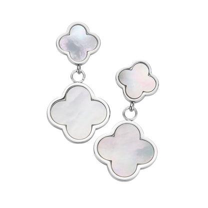 Stainless Steel Quatrefoil Link Dangle Earrings - Mother of Pearl Silver - Earrings