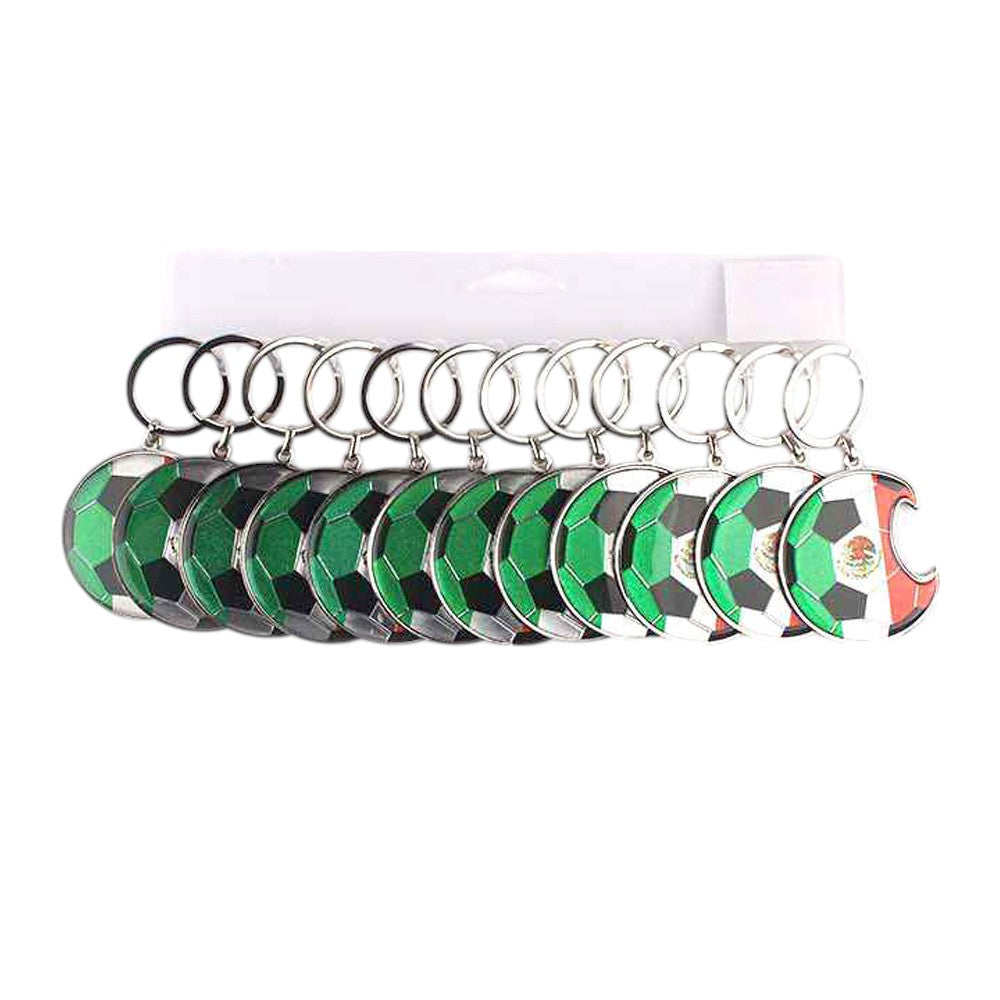 Multi 12PCS Mexico Flag Printed Soccer Bottle Opener Keychains are a must-have for any fan of the sport. With their convenient design, you can easily open your favourite beverage while showing off your team spirit. Perfect for parties, tailgates, or everyday use. Own a piece of the game with these high-quality keychains.