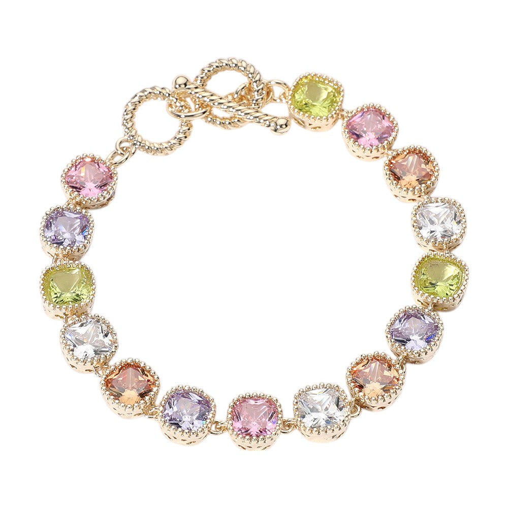 14K Gold Plated Square CZ Stone Link Evening Toggle Bracelet - Gold Multi - Bracelet
