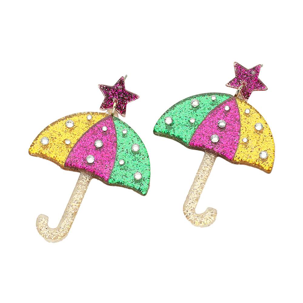 Multi-2-Glittered Resin Stone Embellished Mardi Gras Umbrella Dangle Earrings adds a touch of festive flair. Made with high-quality materials, they feature a unique design that will make you stand out at any Mardi Gras celebration. Lightweight and comfortable, these earrings are the perfect accessory for adding a pop of color to any outfit.