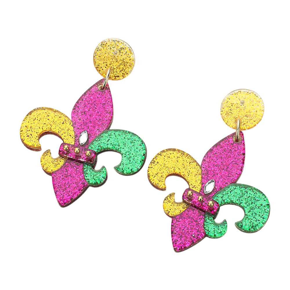 Multi-2-Celebrating Mardi Gras in style? These Glittered Resin Mardi Gras Fleur de Lis Dangle Earrings will add the perfect touch of sparkle to your outfit. Made of high-quality resin, they are lightweight yet durable for all-day wear. Show off your love for New Orleans and the festivities with these beautiful earrings. 