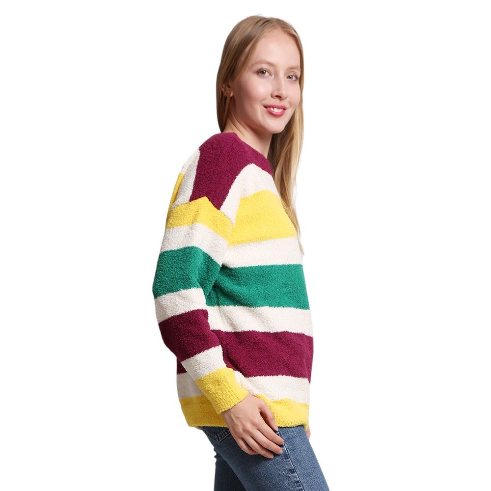 Multi-2-Upgrade your winter wardrobe with our Mardi Gras Color Block Sweater. This stylish and cozy sweater features a vibrant color block design and is perfect for any festive occasion. Made from high-quality materials, it will keep you warm and fashionable all season long.