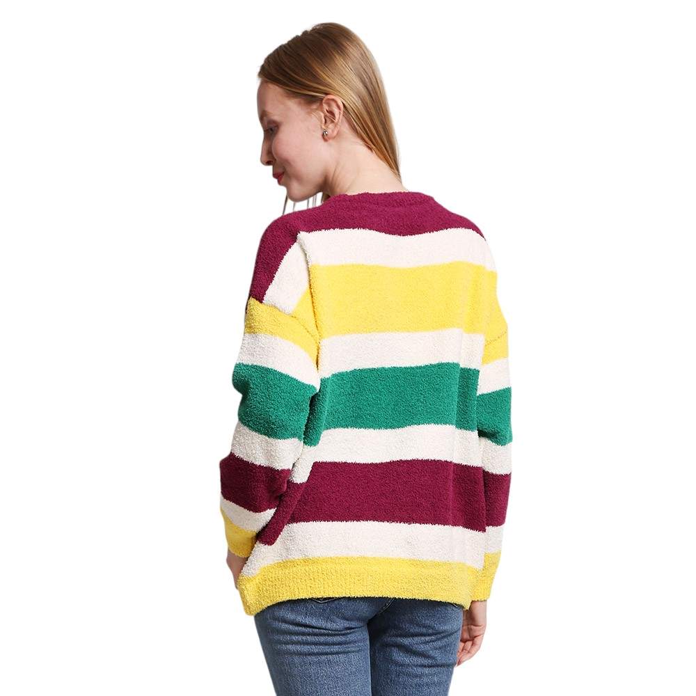 Multi-2-Upgrade your winter wardrobe with our Mardi Gras Color Block Sweater. This stylish and cozy sweater features a vibrant color block design and is perfect for any festive occasion. Made from high-quality materials, it will keep you warm and fashionable all season long.