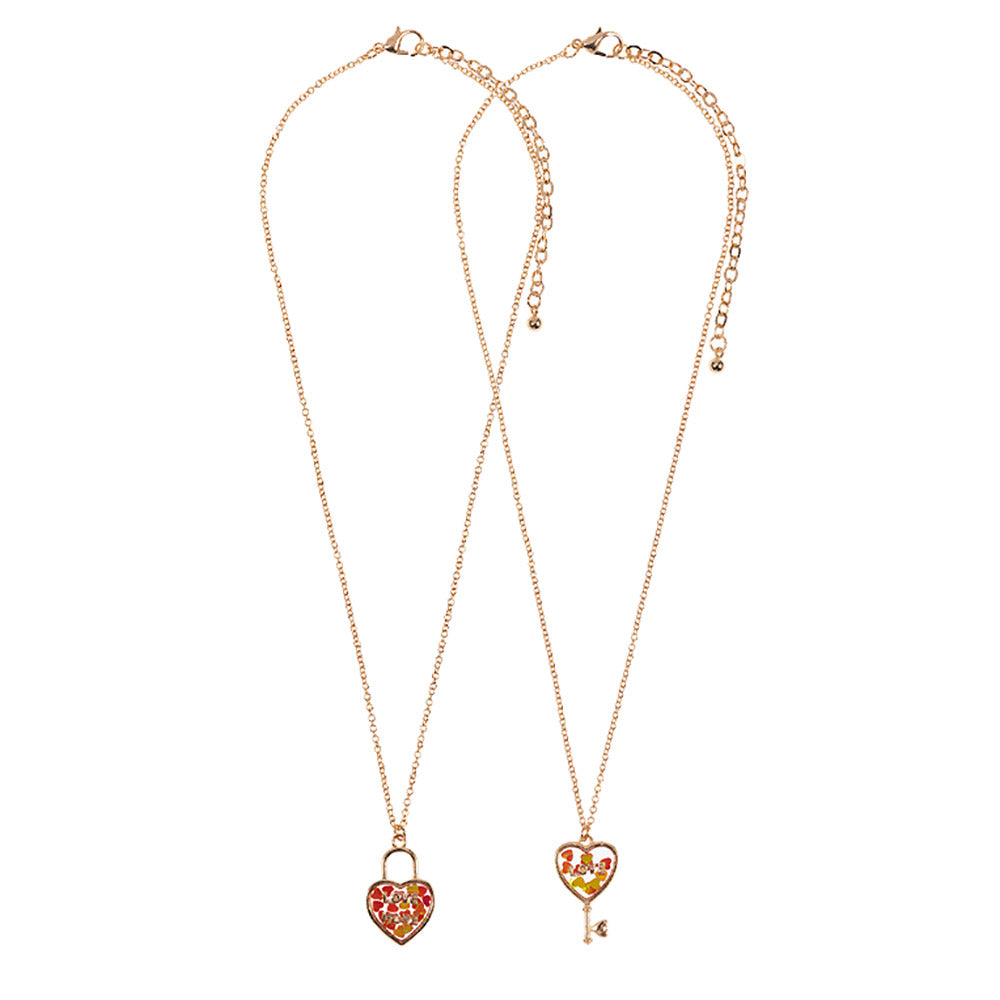 Multi 2-piece "Love &amp; Love More" BFF heart lock and key necklace set is the perfect symbol of friendship. Made of high-quality materials, it is a special and meaningful gift for your best friend. Show your love and strengthen your bond with this beautiful jewelry set.