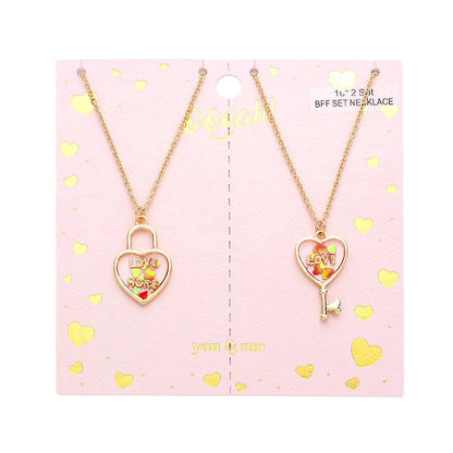 Multi  2-piece "Love &amp; Love More" BFF heart lock and key necklace set is the perfect symbol of friendship. Made of high-quality materials, it is a special and meaningful gift for your best friend. Show your love and strengthen your bond with this beautiful jewelry set.