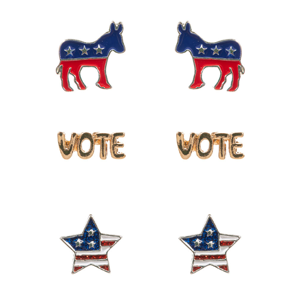 Multi-3 pairs of enamel VOTE Democrat Donkey stud earrings. Made with high-quality materials, these earrings showcase your political stance in a stylish and eye-catching way. Perfect for any Democrat supporter, these earrings are a must-have accessory for any political event or everyday wear-03