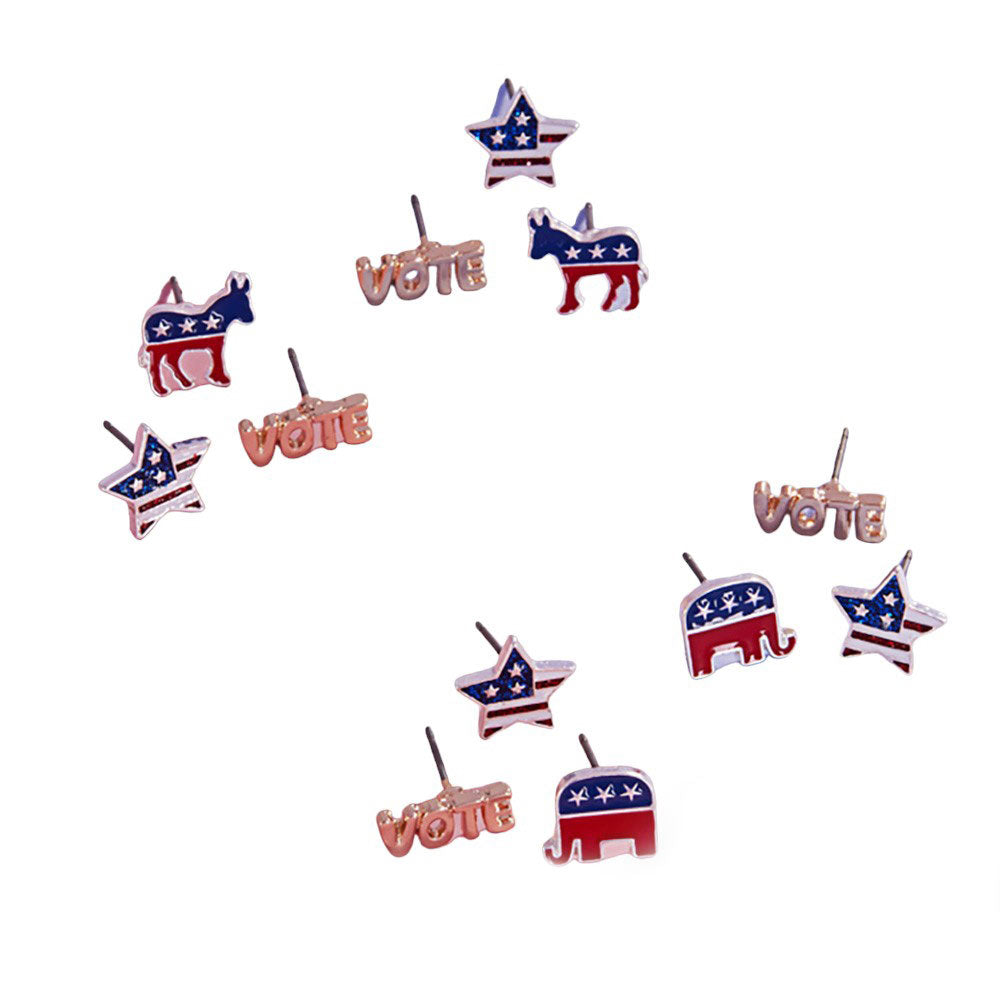 Multi-3 pairs of enamel VOTE Democrat Donkey stud earrings. Made with high-quality materials, these earrings showcase your political stance in a stylish and eye-catching way. Perfect for any Democrat supporter, these earrings are a must-have accessory for any political event or everyday wear-1