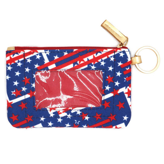 Multi American USA Flag patterned ID wallet featuring a convenient detachable lanyard. Designed for functionality, this wallet securely holds your identification while allowing easy removal of the lanyard when needed. The durable construction ensures longevity while the classic flag design makes a bold statement. Perfect for events, work environments, or everyday use where displaying credentials is essential.