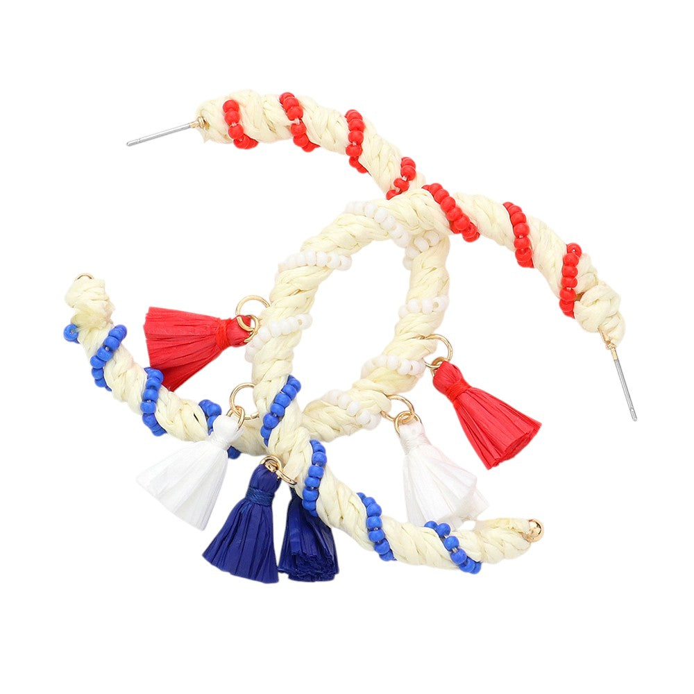 American USA Flag Raffia Seed Bead Wrapped Tassel Hoop Earrings - Multi - Earrings