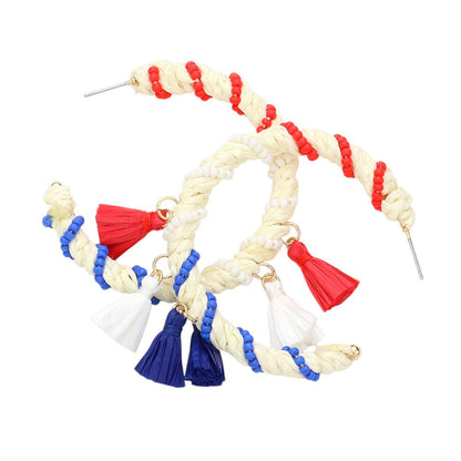 American USA Flag Raffia Seed Bead Wrapped Tassel Hoop Earrings - Multi - Earrings