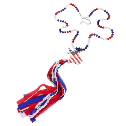 American USA Flag Texas State Map Mesh Fabric Tassel Link Necklace - Multi - Necklace