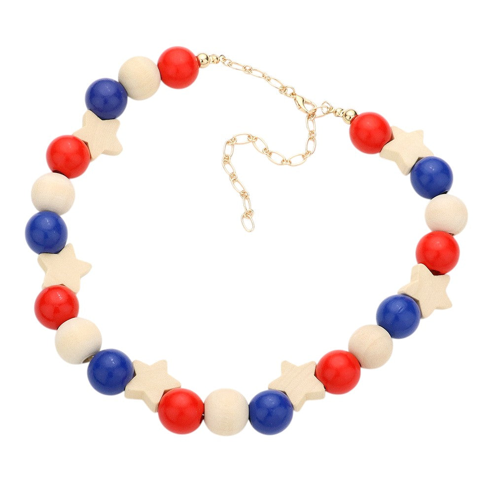 American USA Flag Wood Ball Collar Necklace - Multi - Necklace