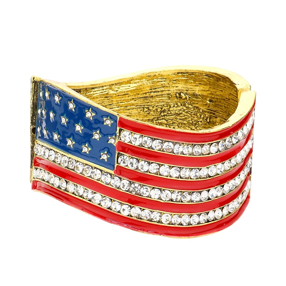 Multi Crystal Rhinestone American Flag Hinged Bracelet is both stylish and patriotic. Made with sparkling rhinestones, it adds a touch of glamour to any outfit. The hinged design ensures a comfortable fit, while the American flag design showcases your love for your country. Perfect for any occasion, this bracelet is a must-have for any fashion-forward individual.