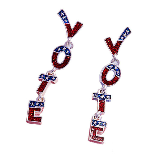 Multi-Enamel Glittered VOTE Message Link Dropdown Earrings, These earrings stylish way to show your support for democracy. Made with high-quality enamel and sparkling glitter, these earrings feature a VOTE message and a unique link-shaped design. An eye-catching accessory that makes a statement.