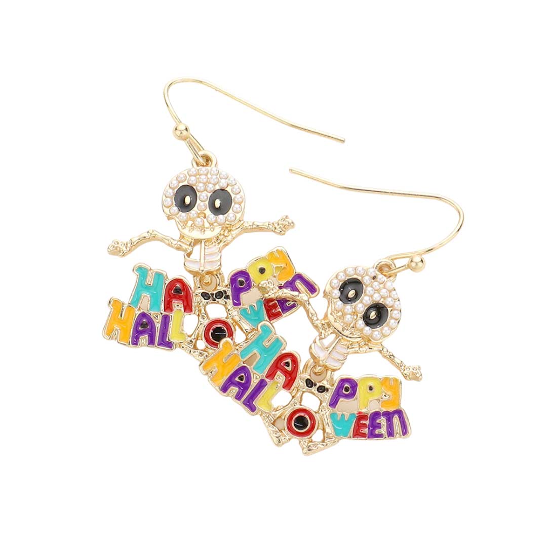 Multi Enamel Metal Happy Halloween Message Pearl Skull Earrings, are fun handcrafted jewelry that fits your lifestyle, adding a pop of pretty color. This pretty & tiny earring will surely bring a smile to one's face as a gift. This is the perfect gift for Halloween, especially for your friends, family, and your love.