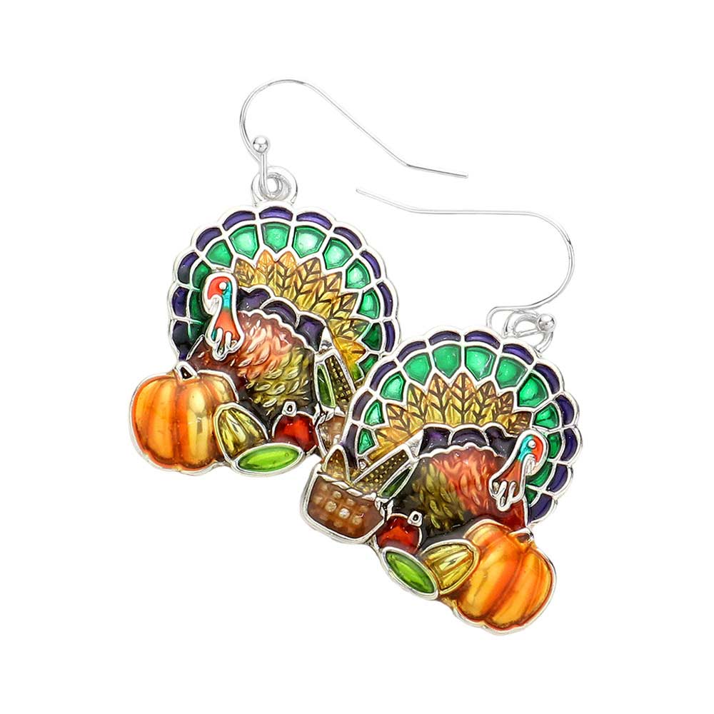 Multi Enamel Turkey Accented Pumpkin Fruits Basket Dangle Earrings, are fun handcrafted jewelry that fits your lifestyle, adding a pop of pretty color. These pretty & tiny earrings will surely bring a smile to one's face as a gift. This is the perfect gift for Thanksgiving, especially for your friends, family, and your love.