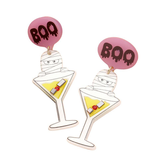 Multi-GLOW IN THE DARK Boo Mummy Cocktail Dangle Earrings, These unique earrings feature a mummy design and are made with a special material that glows in the dark, making them perfect for any Halloween party. Upgrade your Halloween accessories with these statement earrings.