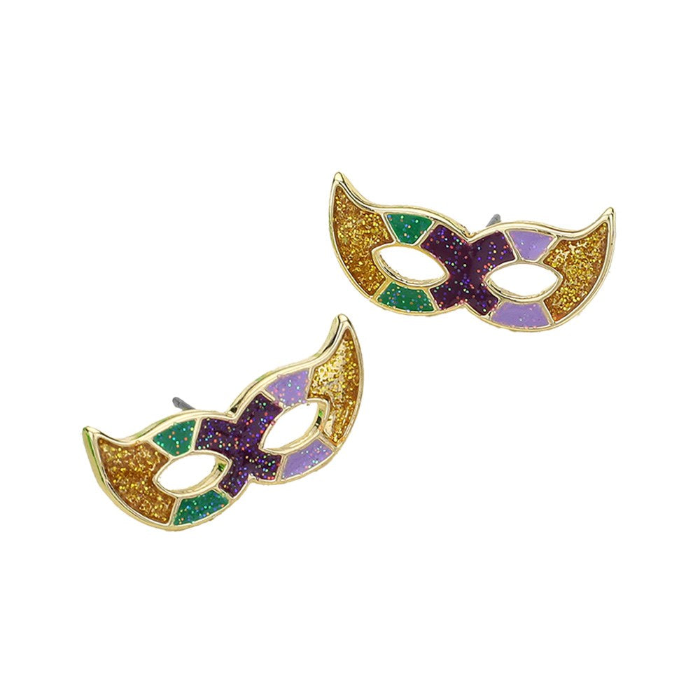 Multi-Glittered Enamel Mardi Gras Mask Stud Earrings are a festive and stylish addition to any outfit. Each earring features a vibrant and eye-catching Mardi Gras mask design with glitter accents. Made with high-quality materials, these earrings are perfect for celebrating and adding a touch of sparkle to any occasion. 