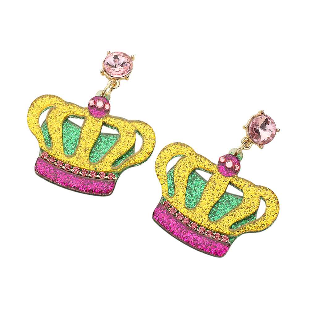 Multi-Glittered Resin Mardi Gras Crown Dangle Earrings adds a touch of sparkle to any Mardi Gras celebration. Made with high-quality resin and adorned with shimmering glitter, these earrings are a perfect accessory for any festive occasion. Their lightweight design makes them comfortable to wear, while the intricate crown details add a touch of royalty to your look. Get ready to shine and stand out in a crowd with these eye-catching earrings.