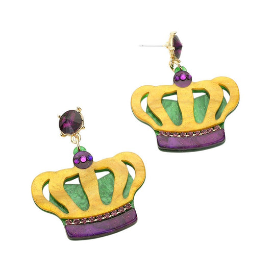 Multi-Glittered resin Mardi Gras crown dangle earrings are the perfect accessory for any festive celebration. The colorful and sparkly design will add a touch of fun and glamour to your outfit, making you stand out and feel like a true queen. Made with high-quality materials, these earrings are durable and lightweight, ensuring long-lasting wear without weighing you down. 