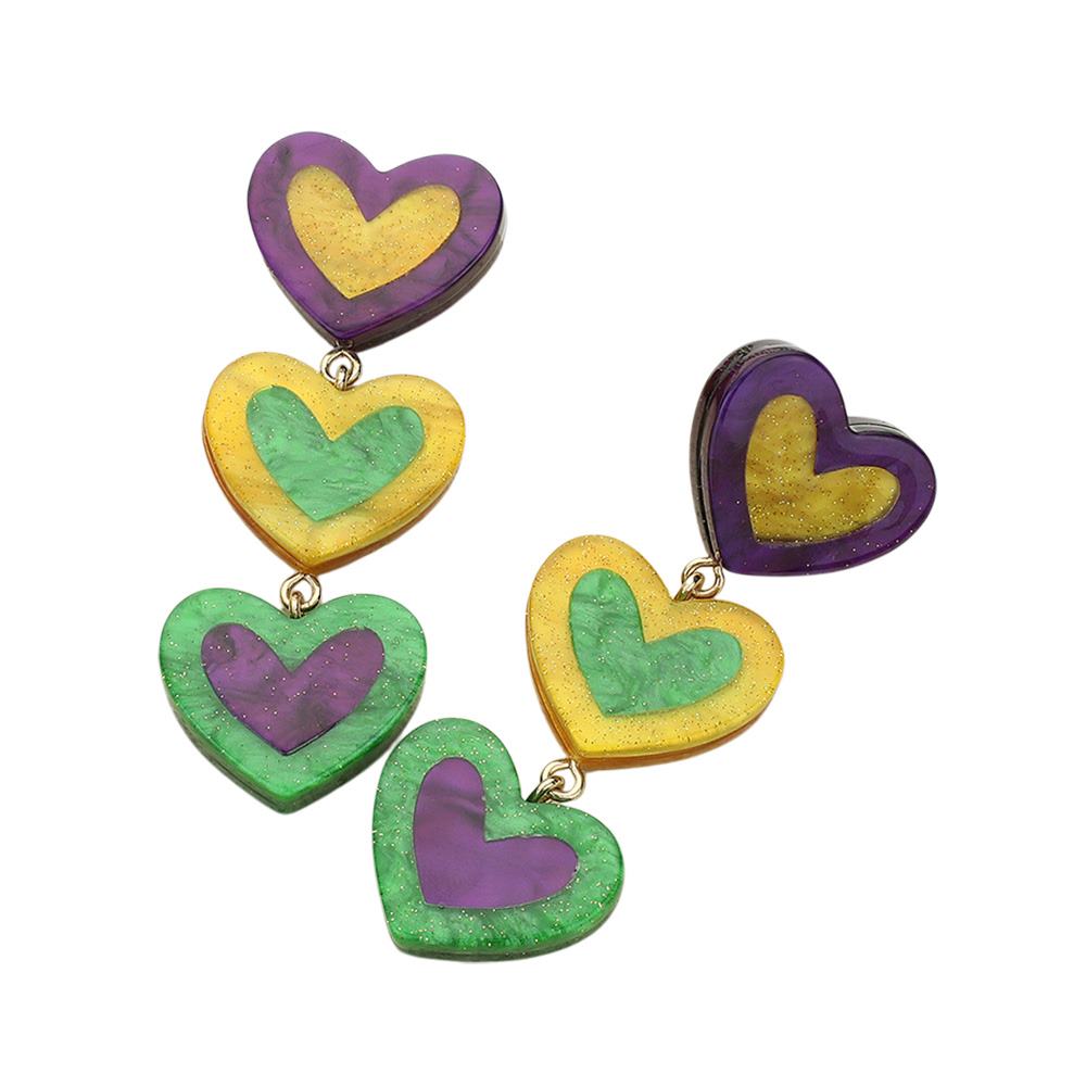 Multi-Glittered Resin Mardi Gras Triple Heart Link Dropdown Earrings are a perfect addition to any festive outfit. The unique triple heart design adds a touch of elegance, while the glittered resin adds a touch of sparkle. These earrings are a must-have for any Mardi Gras celebration.