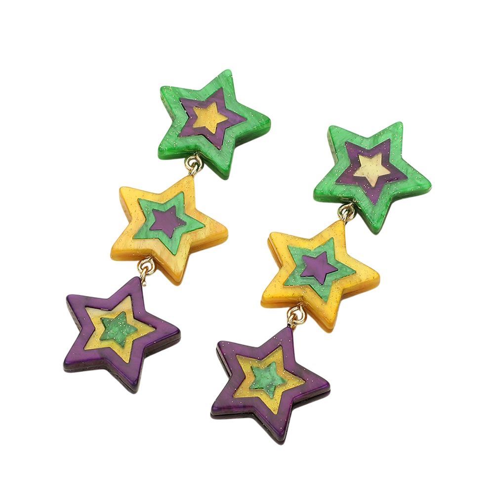 Multi-Glittered Resin Mardi Gras Triple Star Link Dropdown Earrings are the perfect way to add festive flair to any outfit. These earrings are made with high-quality glittered resin and have a unique triple-star design and a dropdown style. Perfect for Mardi Gras celebrations, these earrings are sure to make a statement.