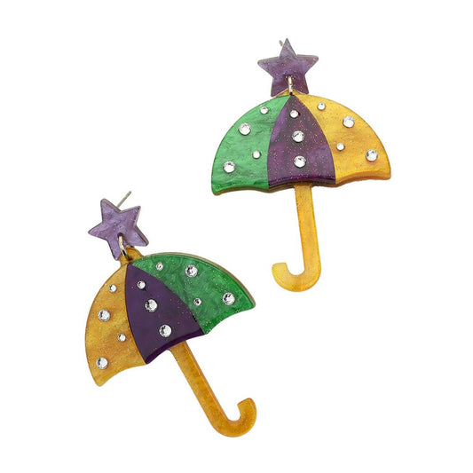 Multi-Mardi Gras umbrella earrings are adorned with glittered resin stones, adding a touch of sparkle to your festive look. Made with expert craftsmanship, they are a perfect accessory for any occasion. Let these earrings be the statement piece to elevate your style. 