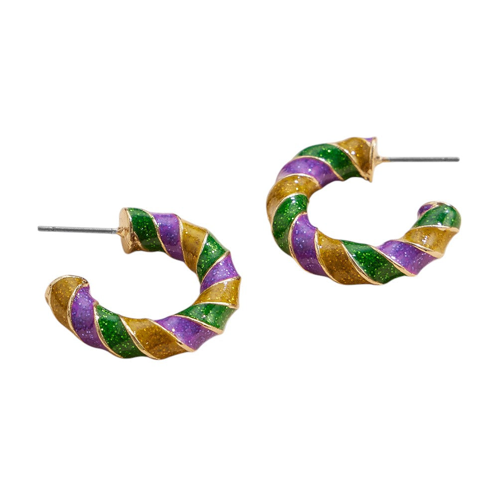 Multi-Glittered Twisted Enamel Mardi Gras Hoop Earrings offer a touch of festive elegance to any outfit. With their unique design and sparkling glitter, these earrings are perfect for celebrating Mardi Gras in style. Crafted with high-quality enamel, they are durable and comfortable to wear.