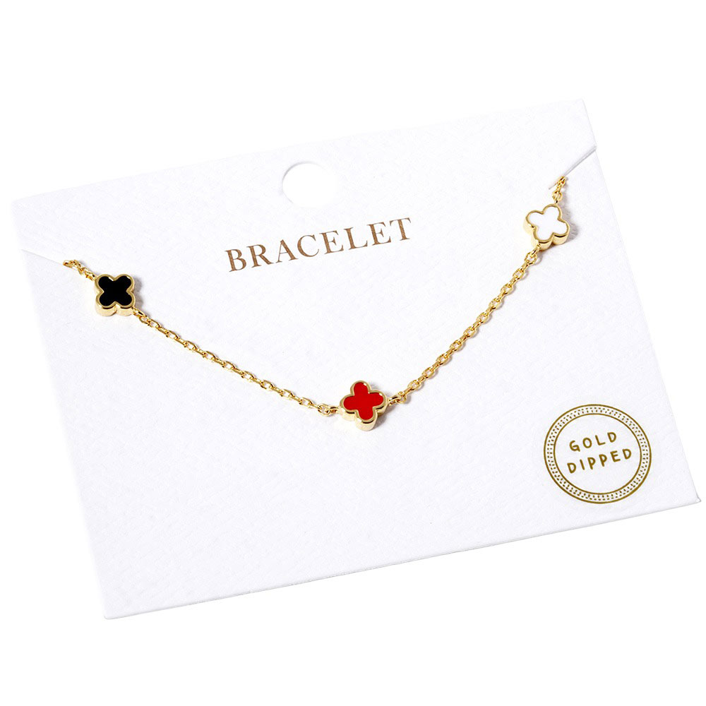 Multi Gold Dipped Triple Quatrefoil Link Bracelet, is the perfect accessory for any outfit. Crafted using gold-dipped materials, it is lightweight, durable, and will not tarnish. A triple Quatrefoil Link design adds interest and style to any look. This beautiful bracelet can be a nice gift to your loved ones on any occasion.