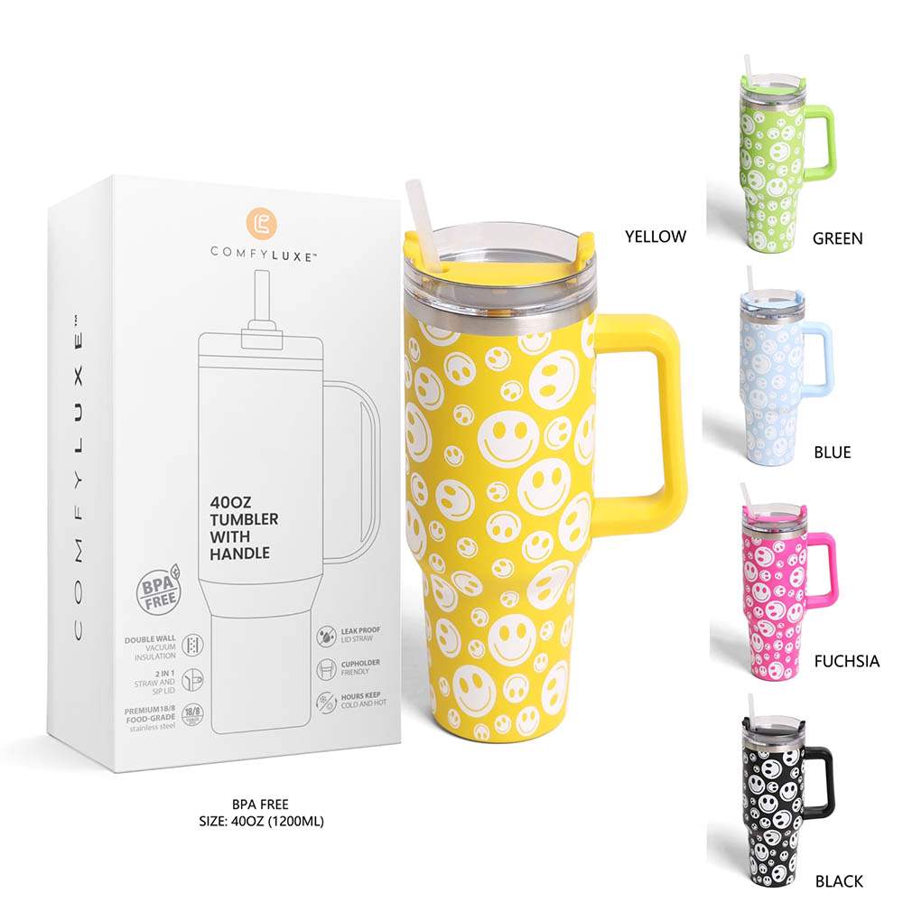 Multi Happy Face Printed 40oz Stainless Steel Tumbler With Handle is perfect for keeping your drinks hot or cold for hours. Made of durable stainless steel and featuring a fun happy face print, this tumbler is a great addition to your drinkware collection. With its large 40oz capacity and convenient handle, you can enjoy your favorite beverages on the go while spreading joy and happiness.
