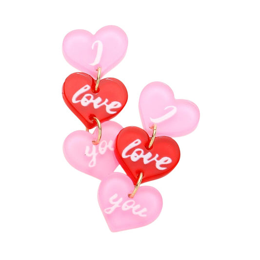 Multi I love you. Message Triple Resin Heart Link Dangle Earrings are the perfect way to express your love. The triple heart design is made of high-quality resin for durability and features a meaningful message. With their elegant dangle style, these earrings will make a heartfelt statement while also adding a touch of glamour to any outfit.