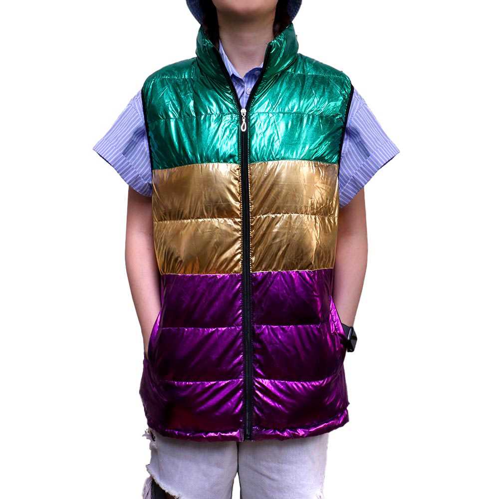 Multi-Mardi Gras Color Block Puffer Vest is the perfect addition to your wardrobe. With its vibrant colors and stylish design, it will keep you warm and comfortable while making a statement at any event. Made with high-quality materials, it's both durable and fashionable. Elevate your style with this must-have vest. 