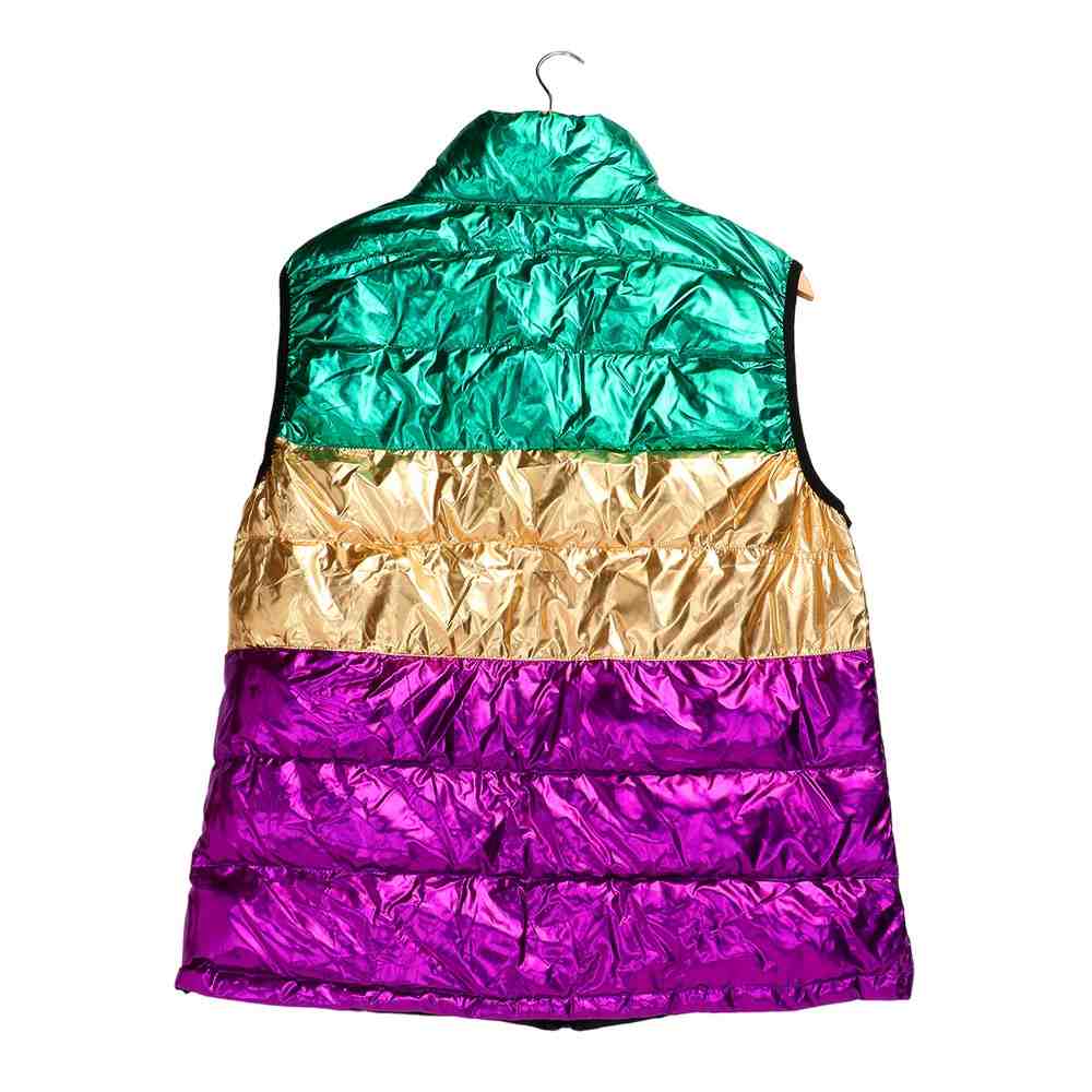 Multi-Mardi Gras Color Block Puffer Vest is the perfect addition to your wardrobe. With its vibrant colors and stylish design, it will keep you warm and comfortable while making a statement at any event. Made with high-quality materials, it's both durable and fashionable. Elevate your style with this must-have vest. 