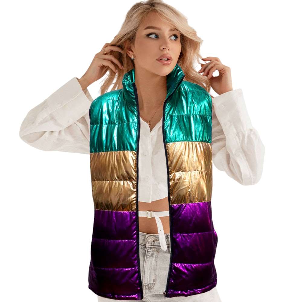 Multi-Mardi Gras Color Block Puffer Vest is the perfect addition to your wardrobe. With its vibrant colors and stylish design, it will keep you warm and comfortable while making a statement at any event. Made with high-quality materials, it's both durable and fashionable. Elevate your style with this must-have vest. 